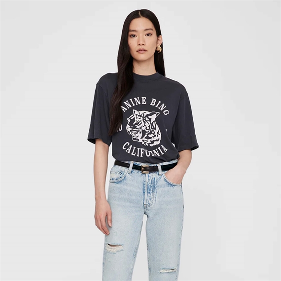 Anine Bing Avi Collegiate Leopard T-shirt, Washed Charcoal 